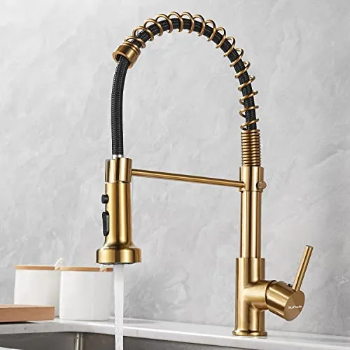 SkyPanda Goldener Küchenarmatur mit herunterziehbarem Sprüher Kommerzielle 360 ° drehbarer Mischbatterie 3 Modus mit 2 Ausgängen(Strahl und Spray) Sprühkopf (H-Gold gebürstet)