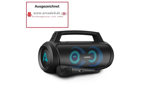 Lamax Partygo1 - Tragbarer Bluetooth 5.3 Lautsprecher mit 100 W, 20 Stunden Akkulaufzeit und IP67 wasserdicht, ideal für Partys und Karaoke