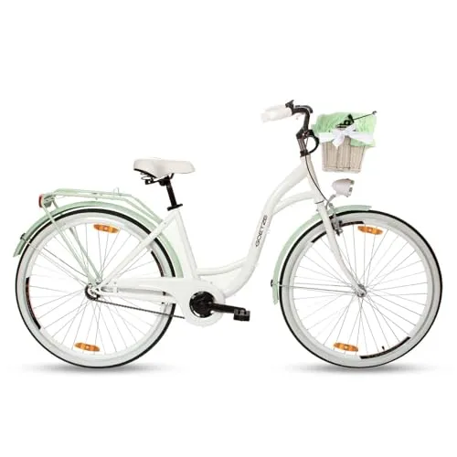 Goetze Style 28 Zoll Damen Citybike, 18 Zoll Tiefeinsteiger, 3-Gang Nabenschaltung, Rücktrittbremse und V-Bremse, LED-Beleuchtung, Rattankorb, Komfortsattel, mit Seitenständer & Klingel