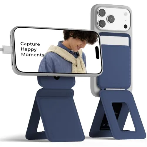 MOFT Handy Stativ für Smartphone, [Ultra Dünn & Tragbar] Faltebar MOVAS Veganes Leder Stativ für Magsafe, 3-in-1 Handy Ständer mit Magnetische Kartenhalter, Mini Selfie Stick, Marine Blau