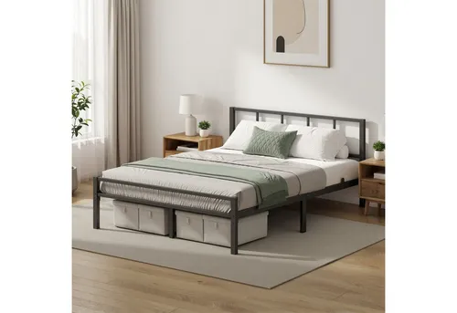 VASAGLE Metallbett 90 x 200 cm – Stabiler Bettrahmen mit Kopfteil und Lattenrost, schwarz - Praktisches Metallbett mit geräuschdämpfenden Fußpads für ruhigen Schlaf. Viel Stauraum unter dem Bett und einfach zu montieren – ideal für jedes Schlafzimmer.
