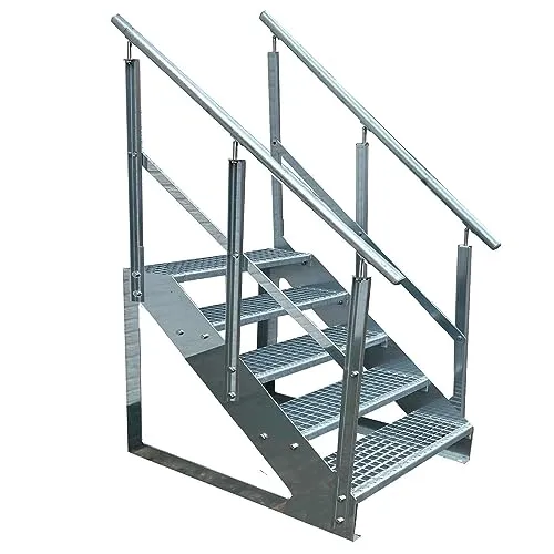Kaminbau Mierzwa Premium Treppe Freistehend 5 Stufen beidseitigem Geländer (Breite 1000 mm) (Höhe 95cm) Wetterfest Gitterroststufe Gartentreppe