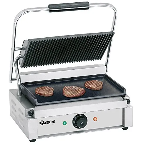 Bartscher Panini Kontaktgrill A150676 - Vielseitiger Grill mit Gusseisenplatten - Grills für gewerbliche Nutzung, ideal zum Erwärmen von Fladenbrot und Grillen. Manuelle Steuerung und Kontrollleuchte für einfachen Einsatz.