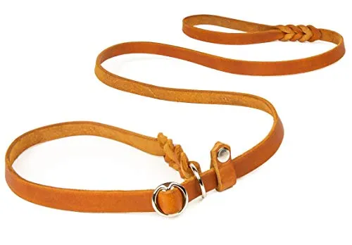 CopcoPet Retrieverleine mit Zugstopp für kleine Hunde – 1,20m x 10mm Moxonleine in Cognac – Fettlederleine & Agilityleine aus Leder – stufenlos verstellbar, Handarbeit, verchromt, wetterfest