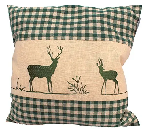 myZirbe Zirbenkissen grün kariert mit Hirsch Stickerei befüllt mit Zirbenflocken aus Zirbenholz in extra Inlett Größe 40x40 cm