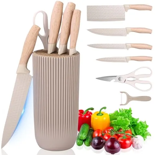 7-teiliges Küchenmesser Set mit Messerblock (Khaki) - Hochwertiges Küchenmesserset aus rostfreiem Edelstahl, ergonomischer Griff für besten Komfort und einzigartige Klingenbeschichtung für müheloses Schneiden und einfache Reinigung.