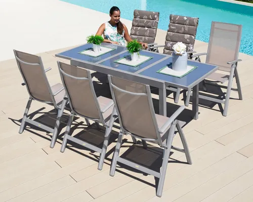 MERXX Garten-Essgruppe Amalfi, 7-tlg. mit ausziehbarem Tisch - Essgruppen für den Garten, 6 klappbare Hochlehner und ein stabiler, ausziehbarer Tisch (90x140-200 cm) aus leichtem Aluminium für entspannte Stunden im Freien.