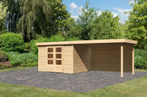 Karibu Gartenhaus Gerätehaus Askola 5 im Set mit Anbaudach 2,80 m Breite und 19 mm Rückwand naturbelassen 557x246x211 cm