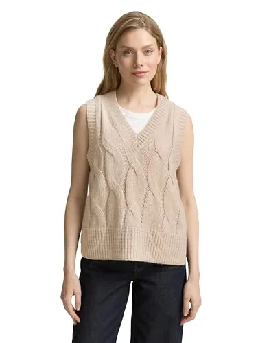 TOM TAILOR Damen Pullunder 1047708, Soft Taupe Melange, XL - Elegante Strickweste in Melange-Optik mit Zopfmuster und seitlichen Schlitzen. Aus weichem Wollmix für ein warmes Tragegefühl – ideal für den Herbst!