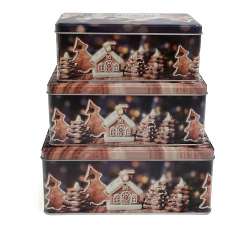 Haushalt International Keksdose, Metall, Set (3-tlg) - Rechteckig - Weihnachten - Lebkuchendorf