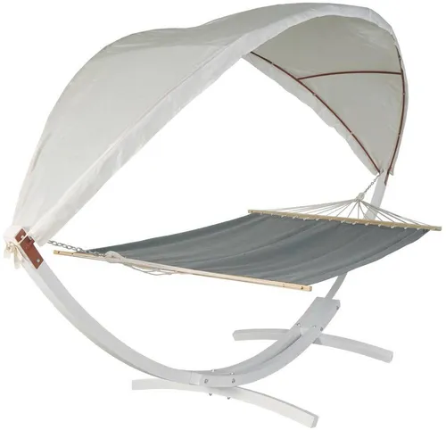 HW Hängematte HWC-J47 mit Holzgestell und Sonnendach - Hängematte für 2 Personen, ideal für Garten und Terrasse, mit schützenden Sonnendach und elegantem Holzgestell für höchsten Komfort.