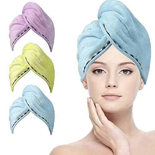 ACWOO Handtuch Haarturban Mikrofaser, 3 Stück Turban Handtücher Schnelltrocknend mit Knopf und 6 Haargummis, Weich Saugstark Haarhandtuch Kopfhandtuch Duschhaube Damen für Haaren