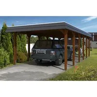 Einzelcarport SKAN HOLZ Spreewald mit schwarzer Blende - Flachdach Carport aus robustem Holz, inklusive Pfostenanker für einfache Montage und optimale Stabilität im Garten.