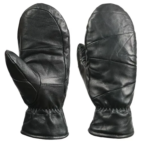 ProudDemon Herren Schaffell Winter Leder Fäustlinge Handschuhe Frauen Winddicht Warm Handschuhe Fäustlinge Push Gefüttert Echtleder Handschuhe für Damen und Herren, Schwarz