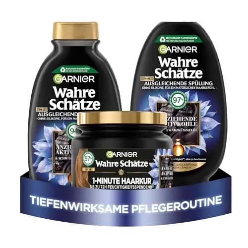 Garnier Ausgleichendes Haarpflege-Set, Gegen schnell fettende Kopfhaut und trockene Haarlängen, Shampoo (250 ml), Spülung (200 ml), 1-Minute Haarkur (340 ml), Wahre Schätze, 3-teilig