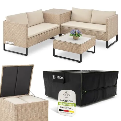 Juskys Polyrattan Lounge Santorini – Wetterfeste Gartenmöbelgarnitur in Creme - Die modulare Gartenlounge Santorini bietet Platz für 4 Personen und überzeugt mit modernem Design und robustem Material. Inkl. praktischer Auflagenbox und gemütlichen Polstern für höchsten Komfort im Freien.