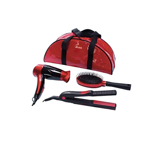 ARDES Damen-Reise-Set - Handtasche mit Mini-Reiseföhn und Haarglätter - Haartrockner Set für Reisen - Praktisches Set mit zusammenklappbarem Föhn, tragbarem Haarglätter und Bürste in eleganter roter Handtasche, ideal für unterwegs.