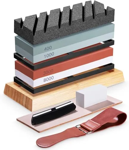 FAOKZE Abziehstein Schleifstein Set 9-in-1, Doppelseitig 400/1000 und 3000/8000 Grit Messerschärfer, Professionell Wetzstein Whetstone mit Rutschfester Bambusboden Winkelführung Leder-Streichriemen