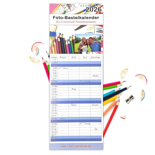 DIY Familienkalender 2026 selbst gestalten - Fotokalender 2026 personalisiert | Familienkalender 2026 4 spalten | Bastelkalender in 19 cm x 52 cm