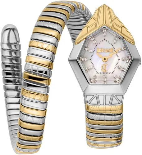 Just Cavalli Damen Analog Quarz Uhr JC1L358M0065 - Armbanduhren für Damen mit luxuriösem Schlangendesign, antikweißem Zifferblatt und wasserfestem Edelstahlarmband - der perfekte Begleiter für jeden Anlass.