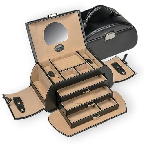 Windrose Schmuckkoffer Merino schwarz - Handgefertigte Eleganz - Schmuckkästen in edler Lederoptik, handgefertigt mit authentischer Narbung für stilvolle und sichere Aufbewahrung.