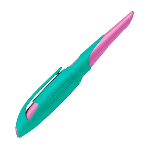 STABILO - Ergonomischer Schulfüller für Rechtshänder mit Anfänger-Feder A - EASYbirdy in türkis/neonpink - inkl. Patrone - blau (löschbar)