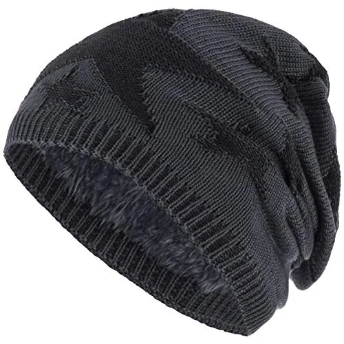 Compagno Sternen Wintermütze warm gefütterte Beanie Flechtmuster Einheitsgröße Mütze, Farbe:Grau