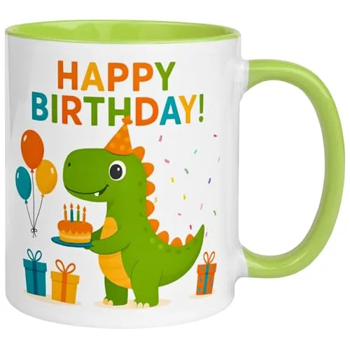 Dino Tasse | Happy Birthday Dinosaurier mit Torte und Geschenken | Lustige Geburtstagstasse mit Dino | Witziger Becher mit Dinosaurier und Torte | Geschenkidee zum Geburtstag