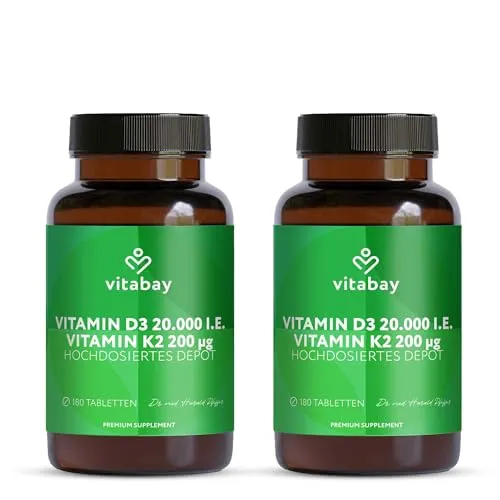 Vitabay Vitamin D3 K2 20.000 I.E. Depot – 360 vegane Tabletten – 2er Pack – hochdosierte Kombination für Knochen, Zähne & Immunsystem – ohne Zusatzstoffe – Vorrat für über 18 Monate