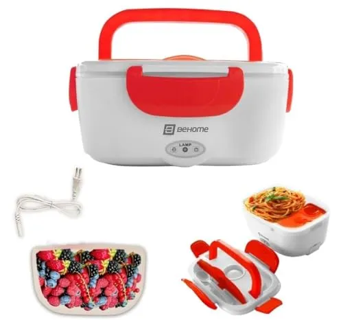 BEHOME Elektrischer Lunchbox 1.5L, 2 herausnehmbare Behälter, Stahlheizplatte, mitgeliefertes Plastikbesteck, rot