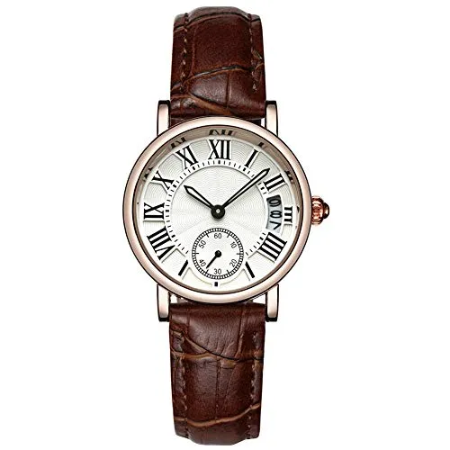 FILFEEL Uhren für Frauen, Dame Analog Round Quartz Lederband Date Watch Klassische Armbanduhr(Brown Strap)