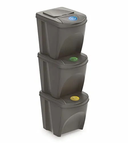 Sortibox Mülleimer mit Deckel 25 L - 3er Set - Haushaltszubehör: Stapelbares Mülltrennsystem in steingrau, ideal für effiziente Abfalltrennung mit abnehmbaren Deckeln und Klappen für Altglas, Papier und Verpackungen.