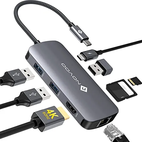NOVOO USB C Hub 4K@60Hz USB C Docking Station HDMI 8-in-1 USB C Adapter Gigabit Ethernet mit 100W PD+Daten, SD/TF Kartenleser, 3 USB-A 3.0 Datenports,für MacBook Pro,MacBook Air und mehr Typ C Geräten