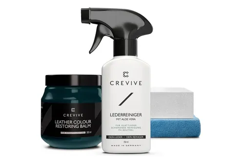 CREVIVE Lederpflegeset 4-teilig - Autopflege & Motorradpflege: Komplettes Set zur Lederreinigung und -pflege, inkl. 300 ml Balsam und 250 ml Reiniger mit Aloe Vera für langanhaltenden Schutz und Auffrischung.