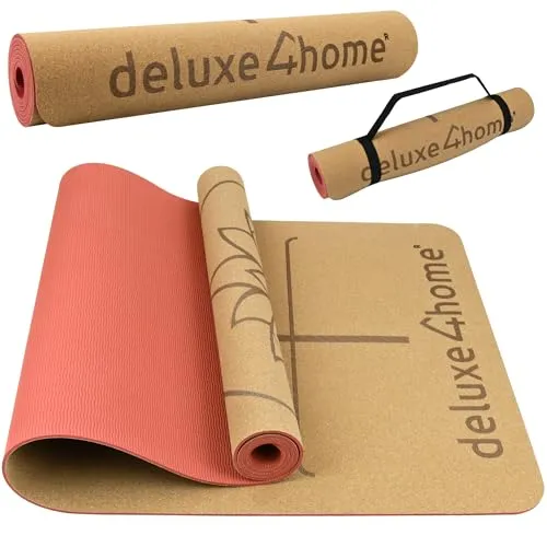 deluxe4home® Yogamatte Kork - Rutschfeste Fitness Matte mit Ausrichtungslinien - Sportmatte aus umweltfreundlichem Kork und TPE, rutschfest und ideal für Yoga & Pilates, mit integrierten Ausrichtungslinien für präzise Positionen.