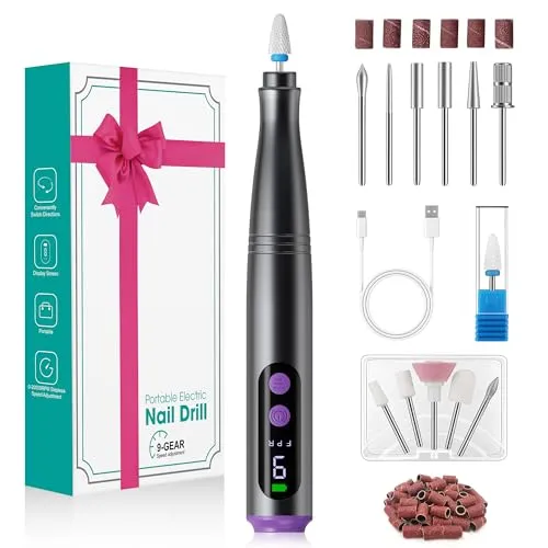 Fofile Nagelfräser Kabellos, 12 in 1 Elektrische Nagelfeile 9 Verstellbare Geschwindigkeit Fräser für Gelnägel Maniküre und Pediküre Set Elektrisch für Acrylnägel, Gelnägel Professionell Nail Drill