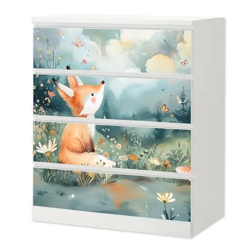 Sunnywall® Möbelfolie passend für IKEA Malm Kommode Schrankfolie Aufkleber mit Fuchs auf Wiese Motiv | blasenfrei verkleben | Kinderzimmer 4er 80 cm