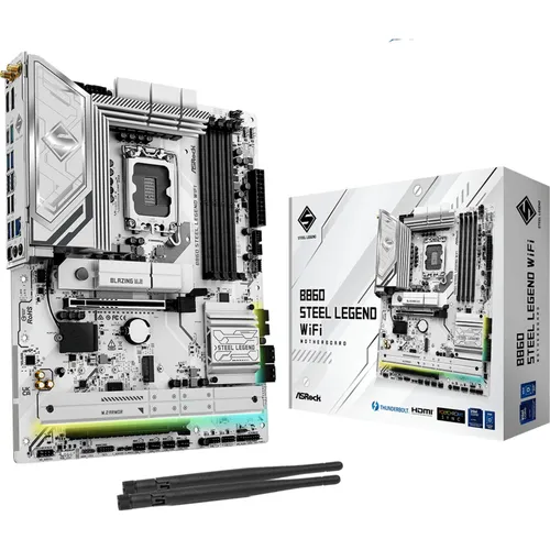 ASRock B860 Steel Legend WiFi Mainboard - ATX Mainboard mit WiFi, unterstützt bis zu 256 GB RAM und bietet 2x PCIe x16 für leistungsstarke Grafikkarten.