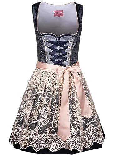 Krüger Dirndl Koko Damen | Herzausschnitt Spitzenschürze | Marine Blau Rosa - Elegantes Krüger-Dirndl in Marine Blau mit zarter Spitzenschürze. Praktische Taschen und Reißverschluss sorgen für Komfort. Ideal für Trachtenfeste und besondere Anlässe. Hochwertige Qualität von Krüger Dirndl.