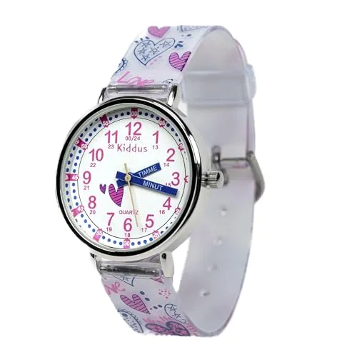 Kiddus Lern Armbanduhr für Kinder, Jungen und Mädchen. Analoge Armbanduhr mit Zeitlernübungen, japanischen Quarzwerk, gut lesbar, um ganz leicht zu Lernen, die Uhr zu lesen.