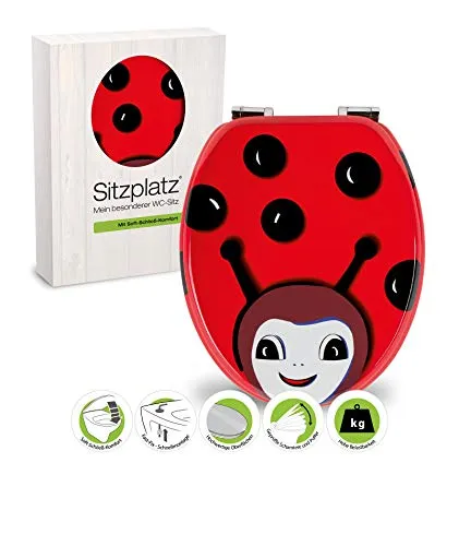SITZPLATZ WC-Sitz mit Absenkautomatik, buntes Dekor Beetle, Toilettensitz mit Holz-Kern & Fast-Fix Schnellbefestigung, Standard O-Form universal, Metallscharniere, Motiv Toilettendeckel Rot, 40115 9