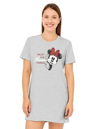 Disney Minnie Mouse Nachthemd für Damen - Enjoy The Minnie Things Schlafshirt Pyjama Kurzarm Oberteil Grau (Grau, L)