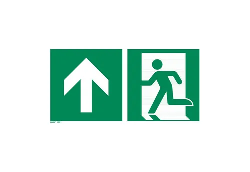 Rettungszeichen Notausgang geradeaus, Typ: 11300 - Schilder für Notausgänge, langnachleuchtend für maximale Sicherheit im Notfall, aus robustem Aluminium gefertigt.