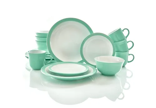 Retsch Arzberg Kombiservice Geschirr-Set CAMDEN, 16-tlg. für 4 Personen - Rustikales 16-teiliges Steinzeug-Service in Salbeigrün/Weiß, perfekt für Gartenpartys oder das gemütliche Abendessen zu Hause. Mikrowellengeeignet und spülmaschinenfest.