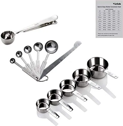 Yizish Edelstahl Messbecher und Löffel mit Messlineal, Scoop mit Clip, Küchenumrechnungstabelle 12er Set für Trockene und Flüssige Zutaten