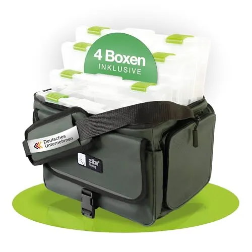 Zite Fishing Angeltasche mit 4 Boxen - Ködereimer mit abnehmbarer Zubehör-Box, wasserabweisendem Material und Schulterriemen - perfekt für Spinnfischen und Forellenangeln.