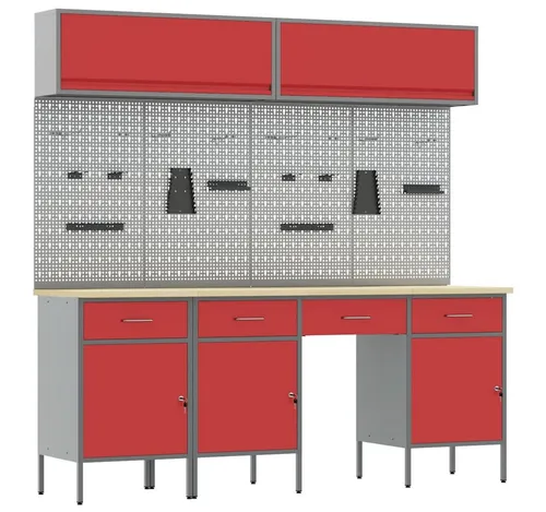 vidaXL 10-teiliges Werkbank-Set in Rot und Stahl - Praktisches 10-teiliges Werkbank-Set für Garagen und Werkstätten. Robuste Stahlkonstruktion mit funktionalen Schubladen und höhenverstellbaren Füßen für optimale Stabilität und Ordnung.
