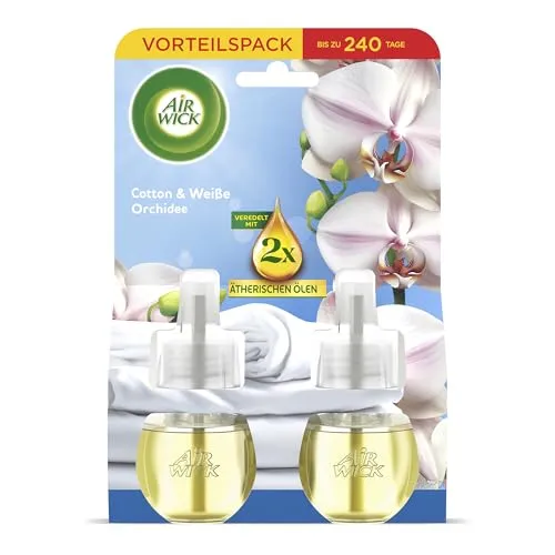 Air Wick Duftstecker Nachfüller Duo – Duft: Cotton und Weiße Orchidee – Frischer Raumduft für die Steckdose – 2x 19ml Duftölflakon-Nachfüller