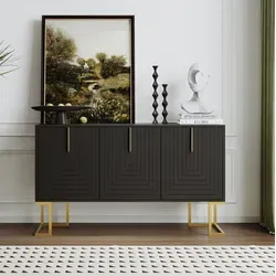 Sideboard 3 Türen Schwarz Aus Mdf Mit L-fuß Aus Metall Und Goldenen Griffen – Modularer Stauraum