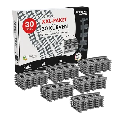LONESTAR Klemmbausteine XXL Pack - Erweiterungsset für Bauklötze: 30 gebogene Schienen aus langlebigem Kunststoff für kreative Eisenbahnlandschaften, kompatibel mit gängigen Klemmbaustein-Systemen.